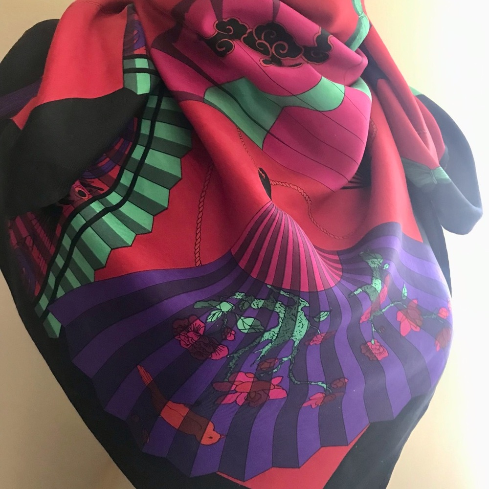 GINNIE JOHANSEN vibrant silk scarf, fans and birds